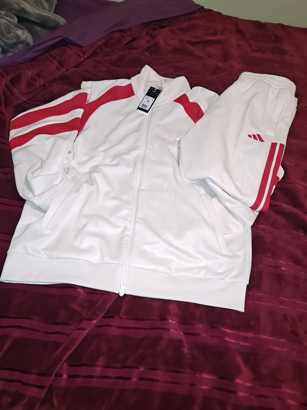 adidas White Track Jacket & Pants Set with Red Stripes